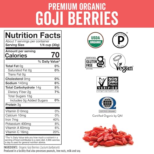 Image of Viva Naturals Organic Dried Goji Berries, 8 oz (227 g) - Non-GMO, Vegan Wolfberries, Perfect for Goji Berry Tea, Smoothies, Baking & Snacking