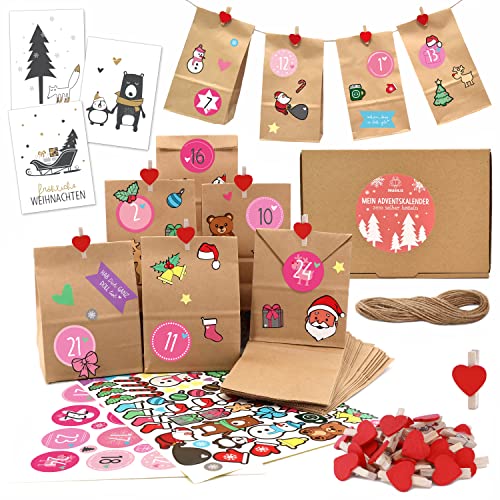 OWLBOOK® Adventskalender zum Befüllen | Adventskalender 2025 Tüten | Weihnachtskalender zum befüllen | 24 Papiertüten mit Aufkleber + Schnur + Klammern | Geschenktüten zu Weihnachten