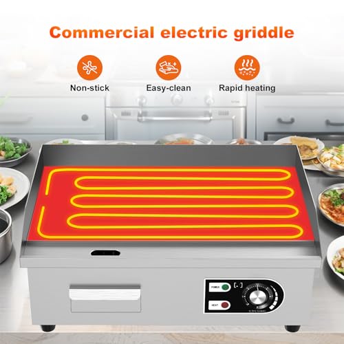 Image of 18'' Commercial Electric Griddle - Electric Cast Iron Griddle w /Stainless Steel Material and Non-Stick, 110V Commercial Griddle w / 1 /2 inch Thick Iron Cooking Plate for Indoor and Restaurant