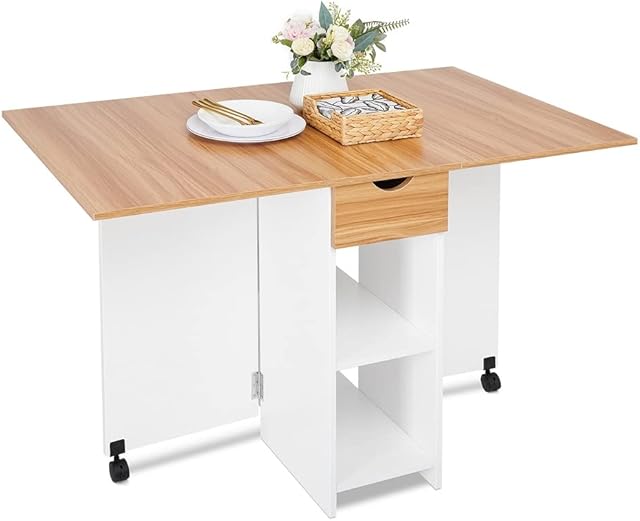 Meerveil Mobile Folding Dining Table, Drop Leaf Table with 1 Drawer and 2 Open Storage Shelves for Small Space Dining Room Kitchen, White (White & Red oak)