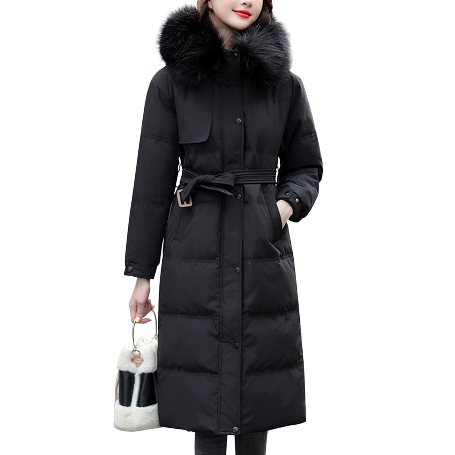StarTreene Womens Long Parka Waterproof Winter Jacket Faux Fur Hooded Thickened Winter Long Puffer Coat Outwear Black