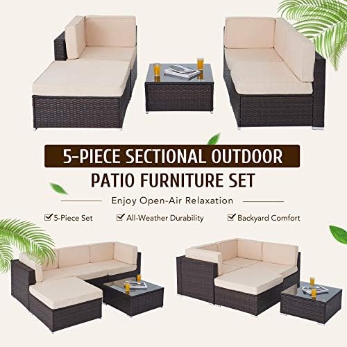 VONLUCE 5 Piece Outdoor Rattan Sofa, L Shaped Wicker Garden Furniture Set with Sofa Chairs Ottoman and Glass-top Coffee Table, Rattan Outdoor Furniture Set for Garden and Patio Decor, Walnut & Beige