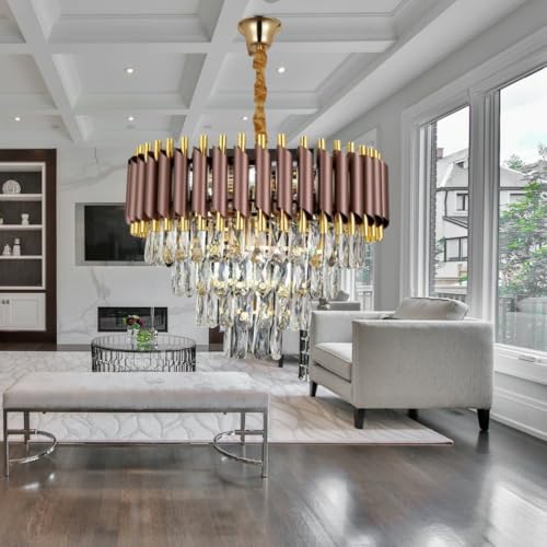 Image of Modern Ceiling Lamp 3-Tier Round Crystal Chandelier for Living Room | Modern Ceiling Light Jhumar for Hall for Home Decoration + 3 Color LED Light (Brown Gold, 500MM)