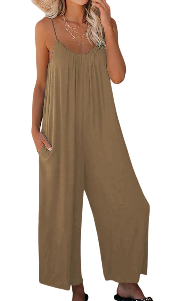 Mono Peto Suelto De Mujer Verano Tirantes Finos Ropa Pierna Ancha Con Bolsillos Casual Color Sólido Playa Pantalón Peto Mujer Monos Pantalones Palazzo con Bolsillos Casual Jumpsuit