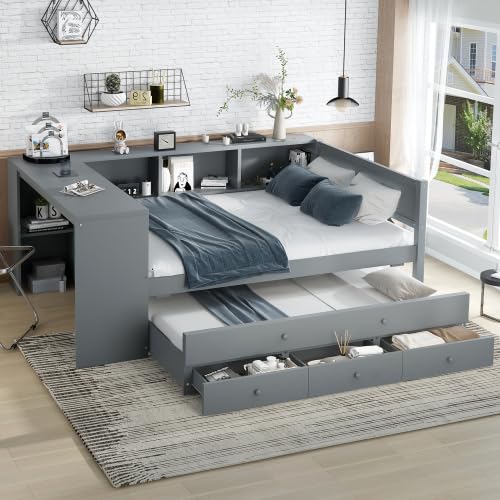Harper & Bright Designs Full Size Daybed with Trundle & 3 Drawers, Wooden Day Bed Frame with Desk & Storage Shelves (Grey, Full)