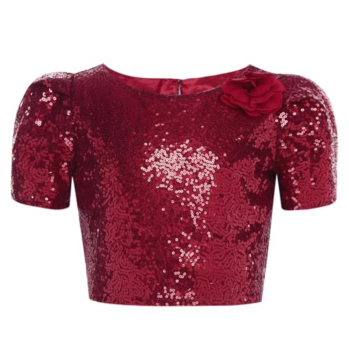 renvena Girls Sequin Crop Tee Top Short Sleeve Round Neck Flower Shirt Sparkly Glitter Concert Outfits