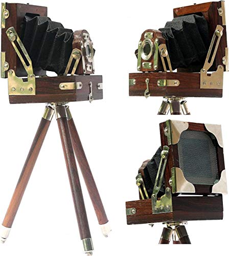 Image of Antique Vintage Look Old Time Retro Photography Wooden Tripod Stand with Project Camera for Office Bedroom Clint Room Home and Decor Showpieces Gift Item