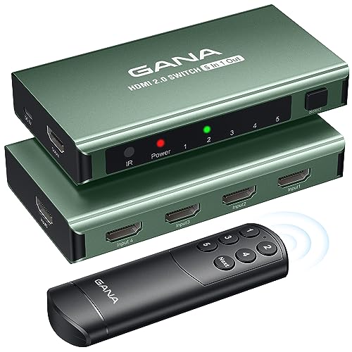 Image of HDMI Switch 5 in 1 Out 4K@60Hz, GANA HDMI Splitter Switcher with Remote, Aluminum HDMI 2.0 Switch Box Hub for 3D, HDCP2.2, HDR, Compatible with Xbox, PS5 /4 /3,Fire Stick,Roku,Blu-Ray Player, Green
