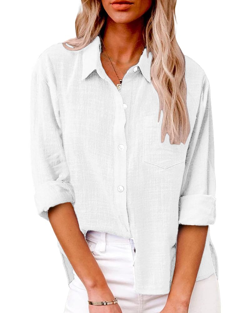 Friptspyg Bluse Damen Lässiges Langarm Hemdbluse Elegant Blusen & Tuniken für Damen V-Ausschnitt 100% Baumwolle Solide Sommer Oberteile mit Tasche