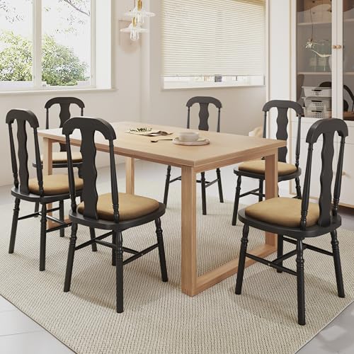 N NOORDENIYA Dining Chairs Set of 6, Classic Carved Back Design with Cushions, Wood Dining Room Chair Versatile for Kitchen Room, Country, Farmhouse and Office, Black