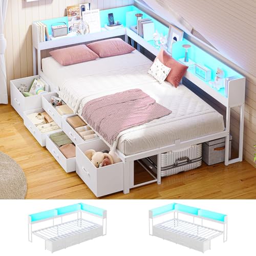 Corner Bed Frame with Storage Charging & LED Light