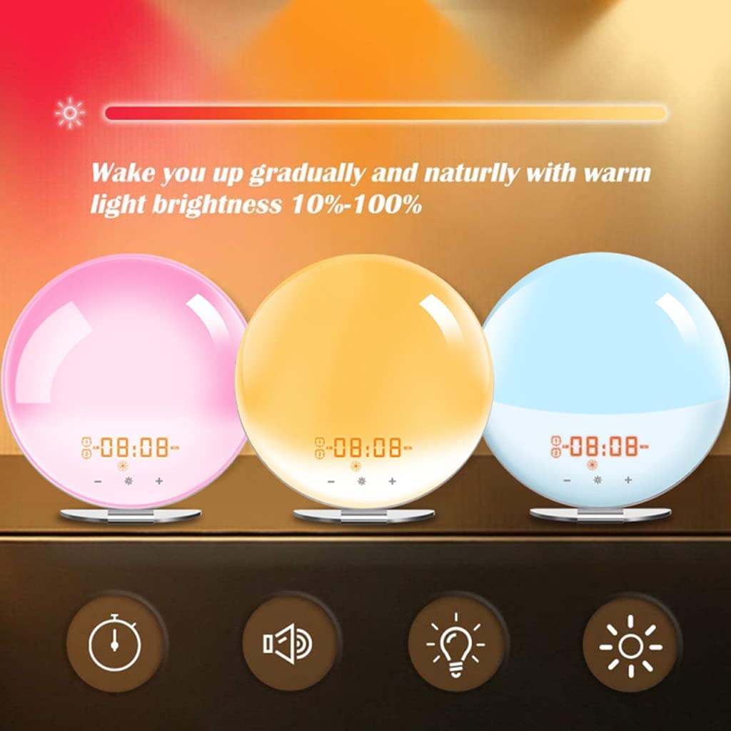 Sveglie a Luce Naturale, Sveglia con Luce Sveglia Digitale a LED, Simulazione Alba/Tramonto, Funzione Snooze, 7 Suono Naturale e Radio FM
