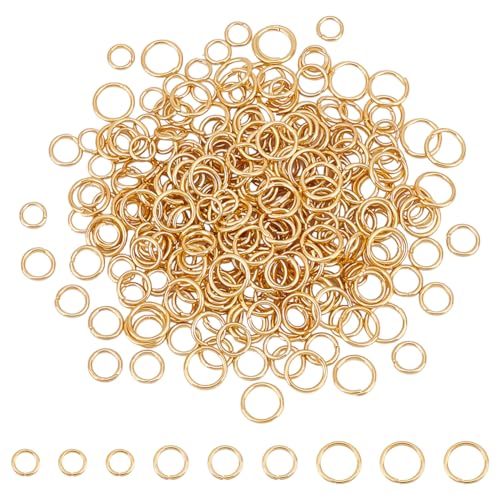 UNICRAFTAL 300 piezas 3 tamaños anillos de salto abiertos chapados en oro de 18 quilates, anillos redondos planos 4/5/6 mm, anillos de unión de acero inoxidable para fabricación de joyas, pendientes