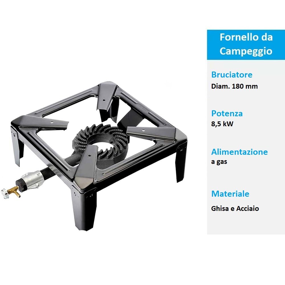Paluplus Fornello a Gas in Ghisa e Acciaio con 4 Piedi, Misura 40x40x19 cm, Bruciatore da 170 mm, Regolatore di Fiamma, Fornellino per Campeggio, Picnic, Potenza 8,5Kw -DRAG230
