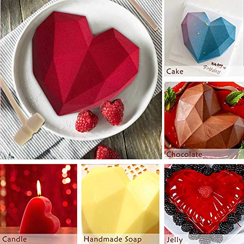 Fashionclubs Diamond Heart Cake Mold Trays, 2pcs Chocolate Heart Mold 3D Love Mousse Silicone Baking Pan Molds Nonstick, 8.7 Inch with 4pcs Wooden Hammers Mallet Pounding for Kitchen DIY Baking Tools - Thumbnail 2