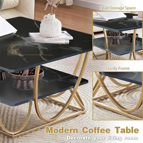Image of EDEUEQUE Modern Center Table Coffee Table Sofa Side Table for Living Room Cocktail Table End Table with Storage Wooden Tabletop-Marble Print with Metal Frame (Golden and Black)