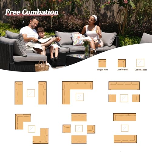 Image of 7 Piece Outdoor Sectional Outdoor Patio Furniture Set, Outdoor Patio Furniture Set with Coffee Table, Sectional Couch Sofa with Cushions, Wicker Outdoor Conversation Set for Backyard & Garden, Blue