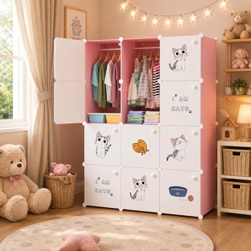 Image of Mevigo Foldable Plastic Wardrobe for Clothes - 12- Door Baby Cupboard for Clothes Storage, Wardrobe for Kids, Plastic Almirah, Collapsible Wardrobe for Kids Livingroom & Home Pink-KTG1