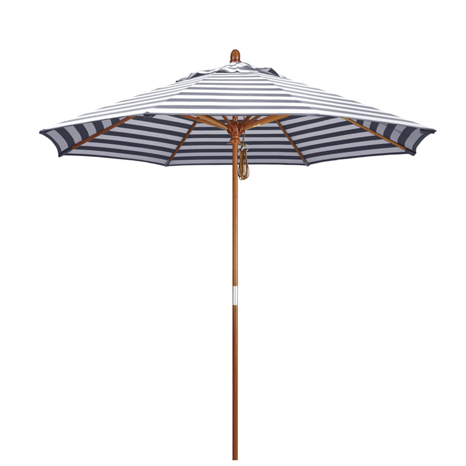 Gharaz Blue And White Stripes 2.7M/9Ft Wooden Outdoor Patio Umbrella, Blue White Striped Garden Parasol,Market Umbrella With Pulley,For Pool, Terrace, Cafe