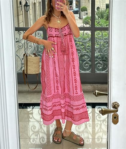 Image of Yuemengxuan Boho Maxi Dresses for Women Spaghetti Strap Flowy Smocked Long Dress Casual Summer Vacation Beach Maxi Dress