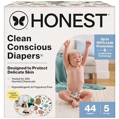 The Honest Company Clean Conscious Diapers for Delicate Skin | Up to 100% Leakproof | Hypoallergenic, Fragrance Free | Fall '25 Limited Edition Prints | Club Box, Size 5 (27+ lbs), 44 Count