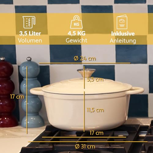 Chefarone Gusseisen Topf 24 cm 3,5 L Emailliert Cocotte Bräter - Creme – Ansicht 4