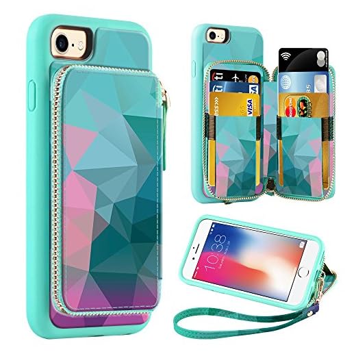 ZVE Wallet Case for Apple iPhone 8 and iPhone 7, 4.7 inch, Zipper Wallet Case with Credit Card Holder Slot Handbag Purse Wrist Strap Print Case for Apple iPhone 8/7 4.7 inch - Diamond
