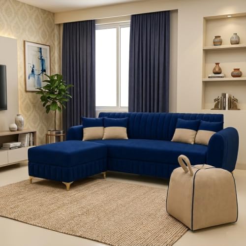 Image of CASASTYLE Signature Velour 4-Seater L-Shape Sofa Set with Movable Ottoman & Suri Pouf | Flexible LHS /RHS Layout | Boston Fabric | 40D Foam + Zigzag Spring | 3-Yr Warranty (Midnight Blue,Sand Beige)