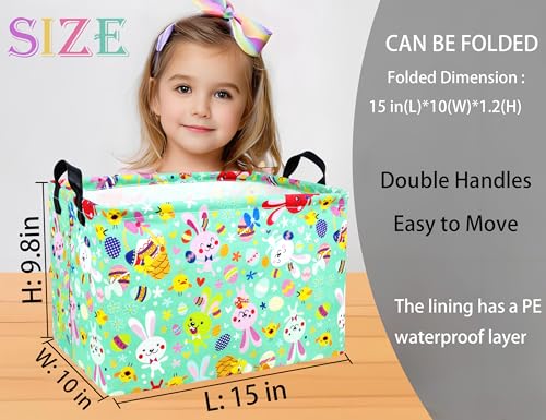 Image of Large Rectangular Easter Baskets Empty Waterproof Boy Toy Box Foldable Kid's Gifts Storage Bin Spring Room Decor(Green Dancing Rabbit)