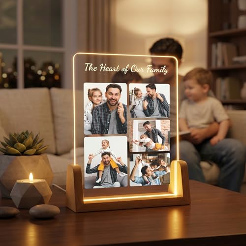 Image of Giftplease Custom Fathers Day Tabletop Rectangular Acrylic Wood Photo Frame | Warm Led Light Base Personalized Picture Layout Desktop Night Decor Standee for Dad Papa Husband Stepdad Grandpa