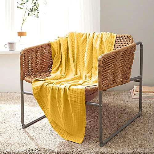 100% Organic Muslin Cotton Gauze Throw Blanket For Adults, Kids, Bed, 4-Layer Pre-Washed Plant Dyed Yarn, Breathable Soft, Cozy, Lightweight Bedspread, All Season (55"X60" Mustard Yellow) #TOP2
