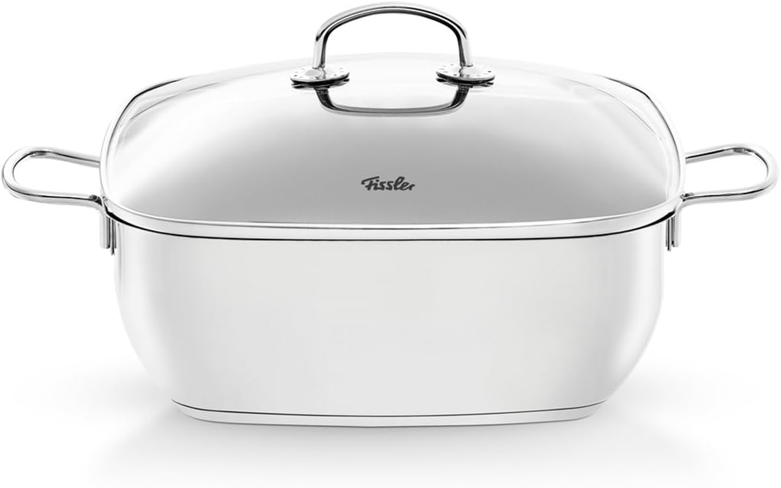 Fissler Secural/paslanmaz çelik kızartma tenceresi, kaplamalı (6,5 l – çap 28 cm) büyük güveç tenceresi kare, cam kapaklı, fırına uygun, indüksiyon, gümüş
