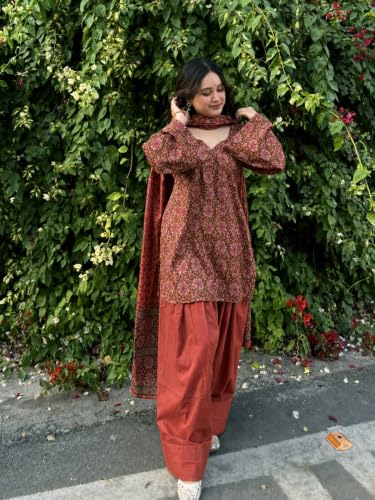 Image of ANNI Designer Farshi Salwar Suit for Women Cotton Printed | Kurta Dupatta Set for Woman | Straight Palazzo Outfit Round Neck V-Slit Long Sleeve Ethnic Dress Stylish Womens Clothing