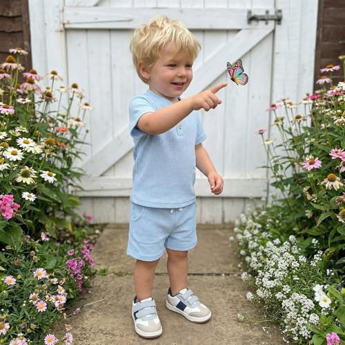 Ursobutegl Toddler Baby Boy Summer Clothes Button Waffle Short Sleeve T-Shirt Top Elastic Waist Shorts Set 2Pcs Infant Outfit (Sky Blue, 6-12 Months) by Ursobutegl - Image 2