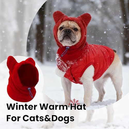 Dog Snood Winter Hood with Ear Protection, Fleece Neck Warmer for Dogs, (Red, Large)
