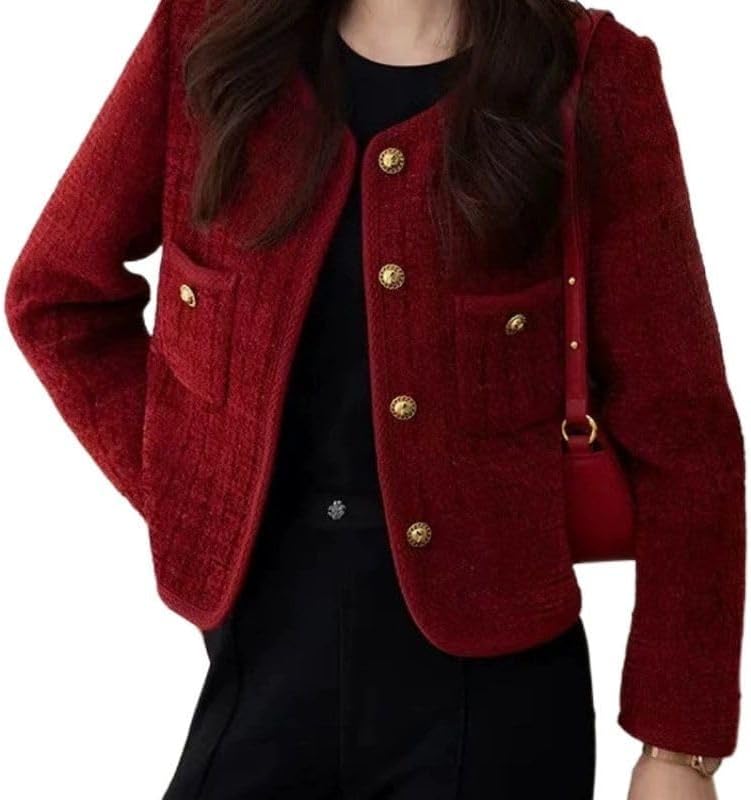 CHONG FENG XIA Autumn Winter Women's Short Tweed Blazers - Loose Red Single-Breasted Suit Jacket