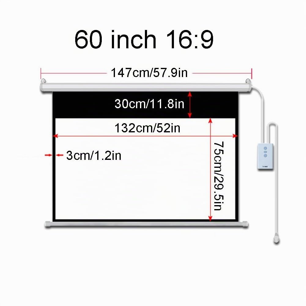 Écran de Projection motorisé 60 Pouces 16:9, 4K HD, rétractable et Automatique avec télécommande, for la Maison, Le Bureau ou la Salle de Classe