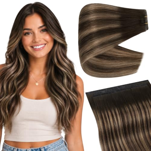 Image of Full Shine Butterfly Weft Human Hair Extensions 24 Inch 100g 5Pcs | Balayage Dark Brown Mix Ash Brown, Invisible Blend, Double Layer Weft, Thin Hair Transformation, Easy Wear & Remove