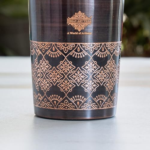 Image of INDIAN ART VILLA Copper Antique Dark Embossed Drinking Glass, Pure Copper Ayurvedic Water Tumbler for Home, Office, Restaurant Use, Traditional Drinkware Gift Item, 275 ML, Set of 2