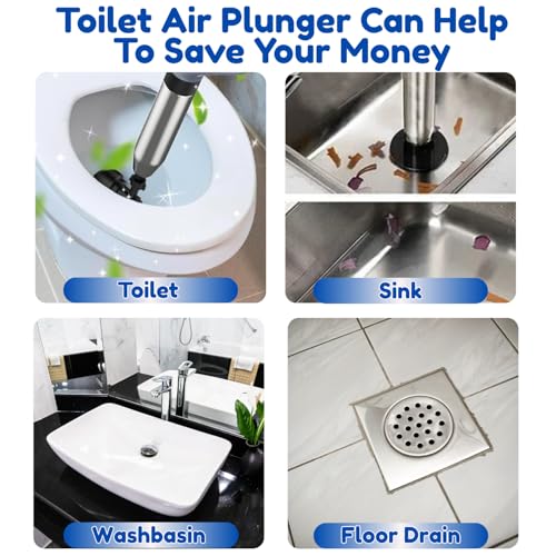 Image of High-Pressure Toilet Plunger with 2 toilet cleaning brushes and 3 wall hooks - Air Drain Blaster for Unclogging Toilets, Sinks, Drains, Bathroom & Kitchen-Heavy Duty Air Drain Plunger for Floor Drains
