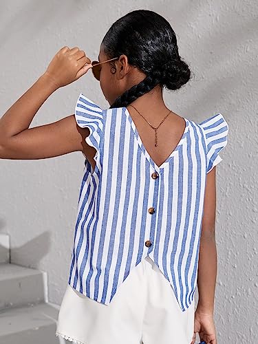 WDIRARA Girl's Striped Ruffle Trim Cap Sleeve Button Back Blouse Casual Top2