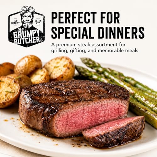 Image of Grumpy Butcher 8 Steaks Full House Set - 4 Top Sirloin, 2 Ribeye Steaks & 2 Filet Mignon - USDA Top Choice - Steakhouse Quality Meat With Food Gifts Box Option