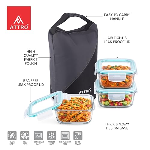 Image of ATTRO Sling Glass Lunch Box Set with Insulated Lunch Bag, 3 x 310ml Airtight Leakproof Containers, Microwave & Freezer Safe Borosilicate Glass Food Storage Containers for Office, School & Travel-Grey