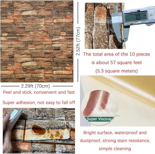 Image of TEKCOOL Self-Adhesive Waterproof PE Foam 3D Wall Panels Wallpaper Sticker for Bathroom, Living Room, and Home Decoration (70 x 77cm, Appx. 5.8Sq Feet)-(5pc Brown Stone)