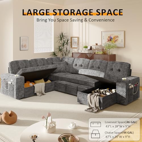 Modular Sectional Sleeper Sofa with Pull Out Bed, U Shaped 7 Seat Sectional Couches for Living Room, 108 Inch Sofa Bed with Adjustable Backrest | Hidden Storage | Wide Armrest | Grey - Thumbnail 4