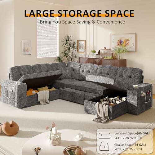 Image of Modular Sectional Sleeper Sofa with Pull Out Bed, 108 Inch U Shaped 7 Seat Couches for Living Room, Chenille Fabric Cloud Couch Bed with Storage & Reclining Backrest, USB Charging, Grey