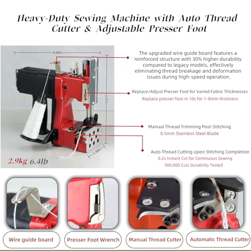 Image of Bag Sewing Machine - 2s /bag Heavy Duty Portable Stitching Machine for Woven Bags, Non-Woven Fabrics, Leather | Warehouse & Farm Packing Tool (Red, Corded - 110V AC)