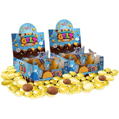 Hanukkah Gelt Coins Chocolate - Kosher Milk Chocolate Coins Nut Free (Dairy) - 48 Mesh Bags Filled with Menorah Embossed Hanukkah Gelt Coins Cover