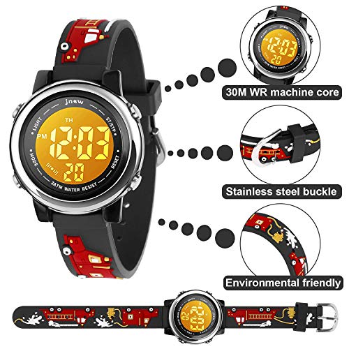 Kids Watch 3D Cartoon Toddler Wrist Digital Watch Waterproof 7 Color Lights with Alarm Stopwatch for 3-10 Year Boys Girls Little Child (Firetruck Black)3