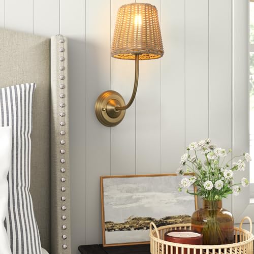 Image of Yosoan Rattan Boho Wrapped Wall Sconce Light, Indoor Hardwired Gold Hand-Woven Farmhouse Vintage Wall Lamp, Brass Handmade Shade Wall Mount Fixture for Reading Bedside Bedroom Nursery Rustic(Antique)